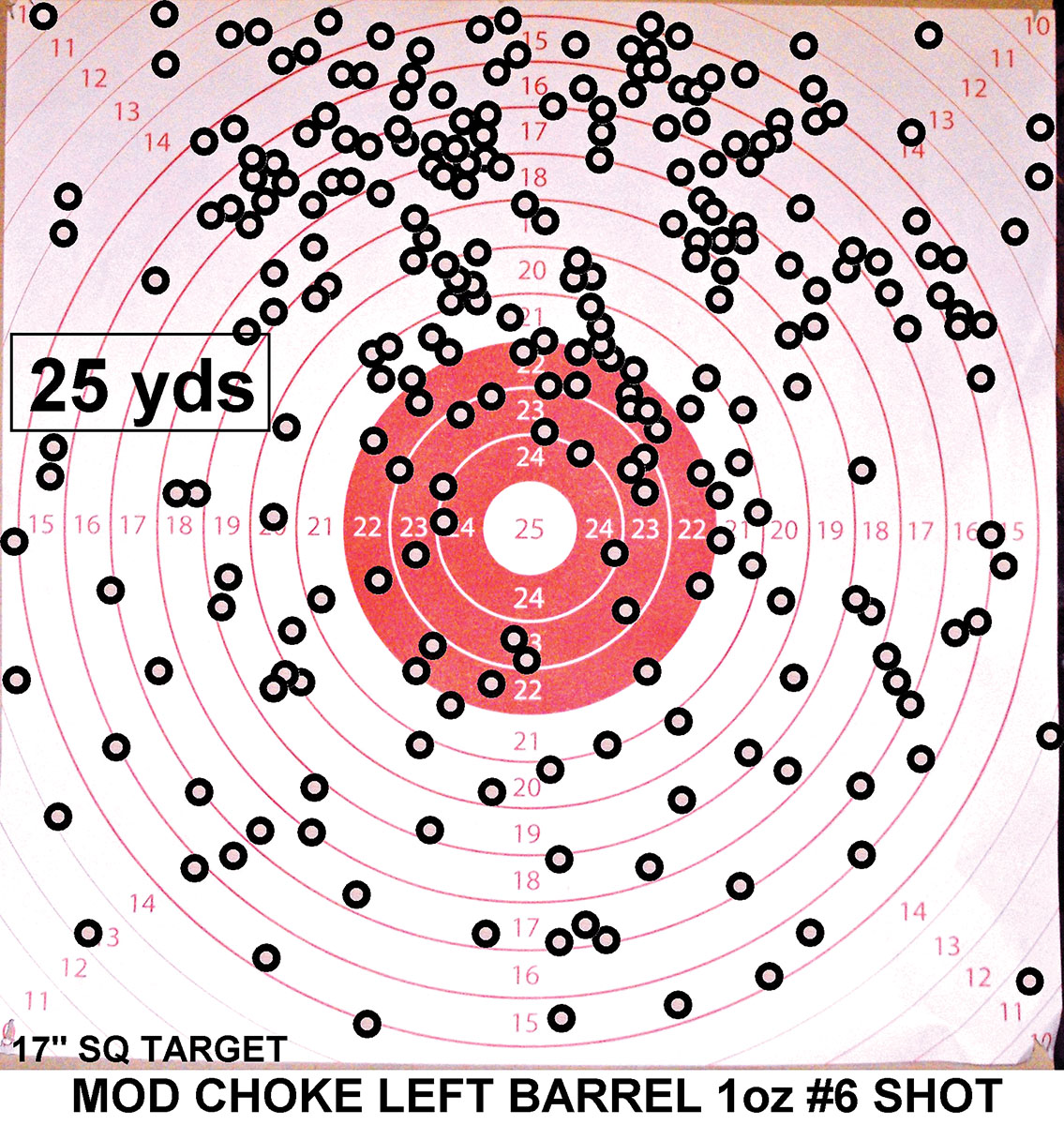 25-yard pattern of smoothbore modified-choked left barrel shows very good results.